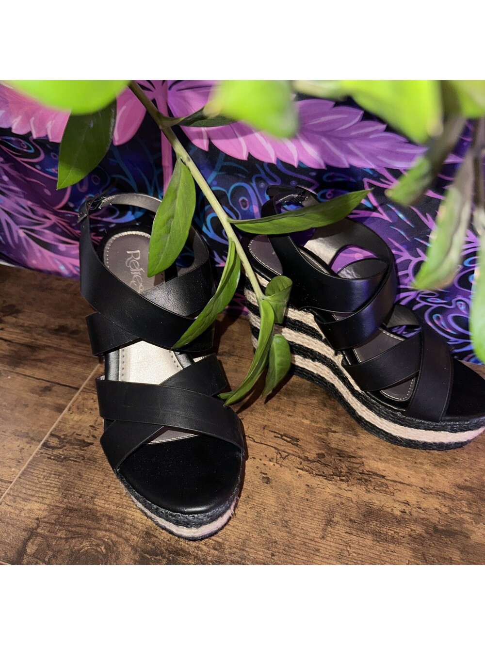 Women’s Black Platform Wedge Sandals Espadrille Striped Sole Size 8 New In Box